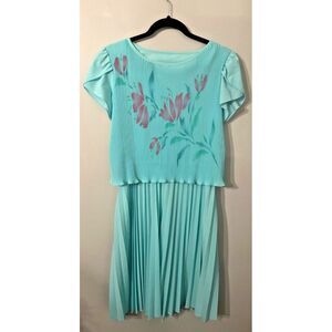 Vintage 80s MCS Ltd Aqua Floral Pleated Blouson Midi Dress Unlined Women Size 12